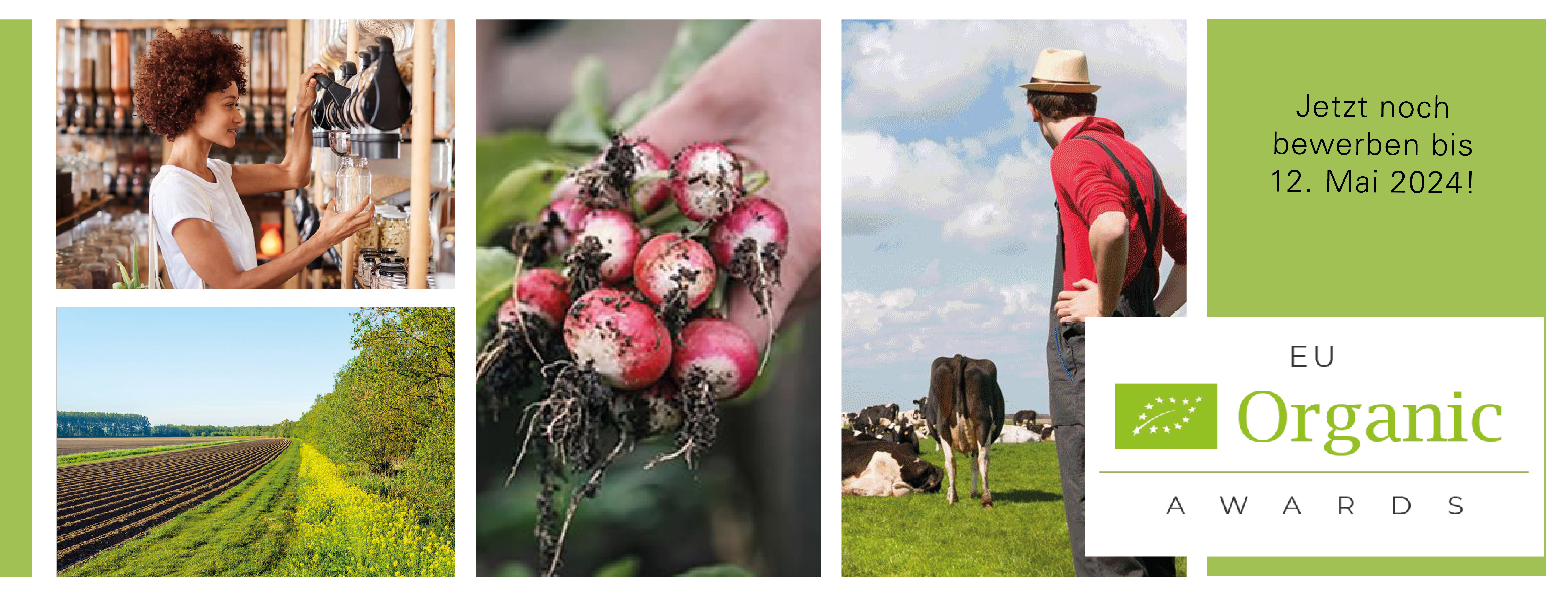 Symbolbild EU Organic Awards - Frau beim Abfüllen von Lebensmitteln, Acker und Hecke, Bund Radieschen, Landwirt auf und Kühe auf Weide, Logo Award